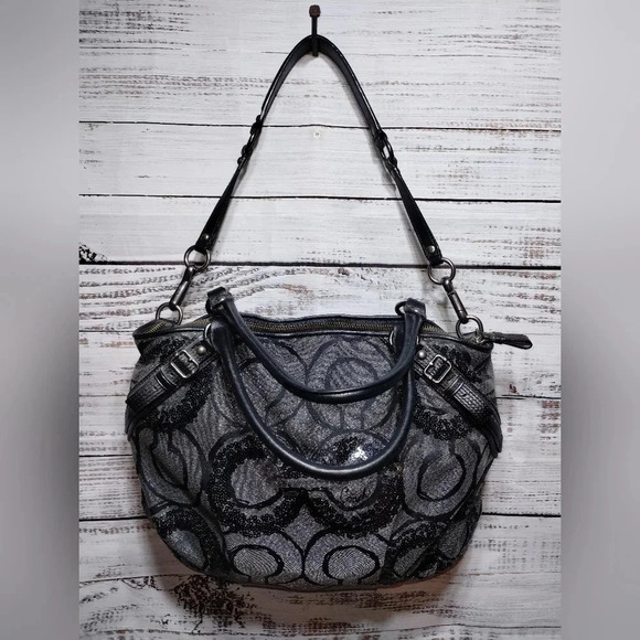 Coach Madison Sequin Logo Satchel Bag Silver Black 2000s Y2K Style 15940 Op Art - Picture 3 of 12